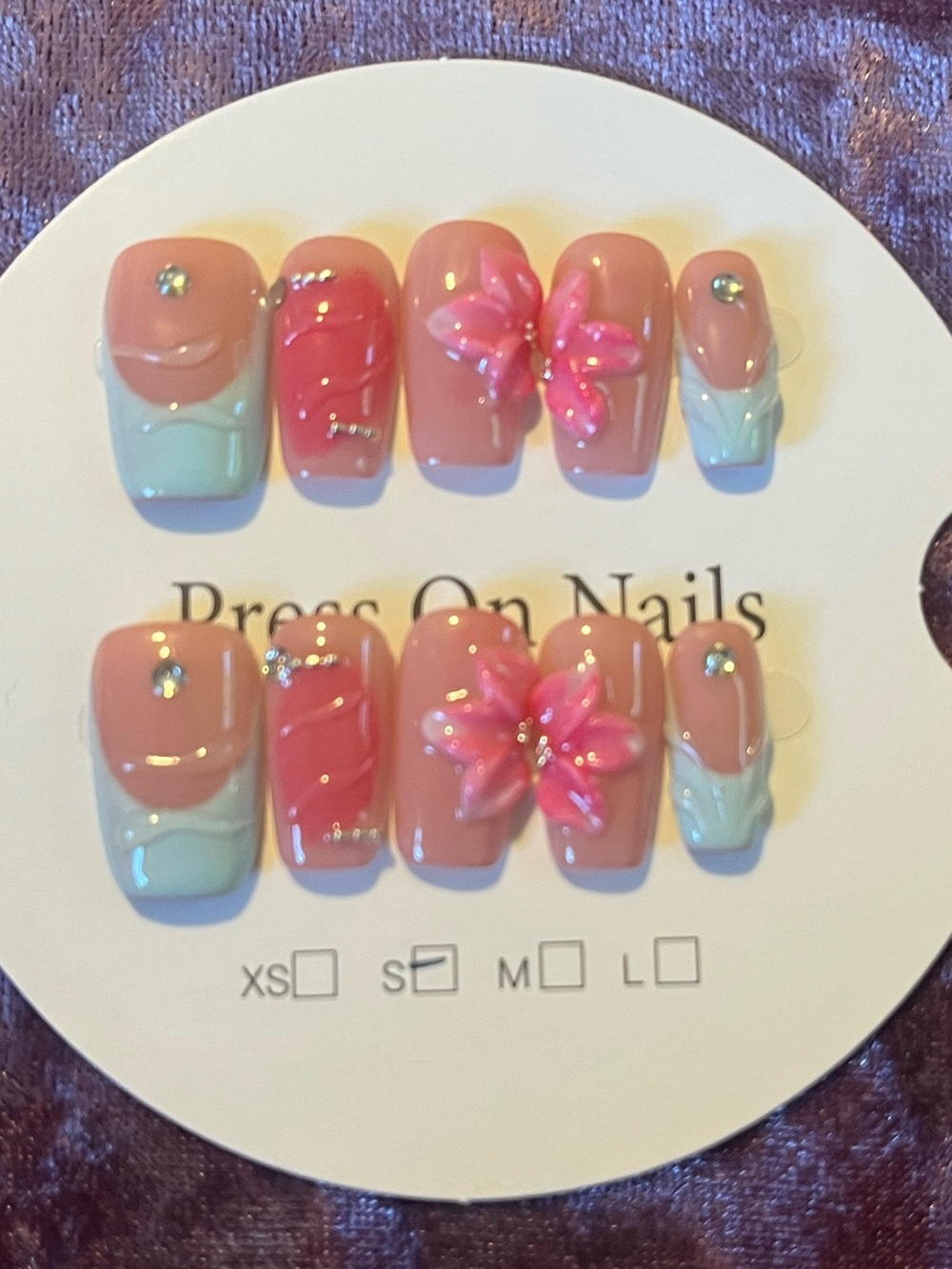 Pink Floral Press-On Nail Set with Mint Accents
